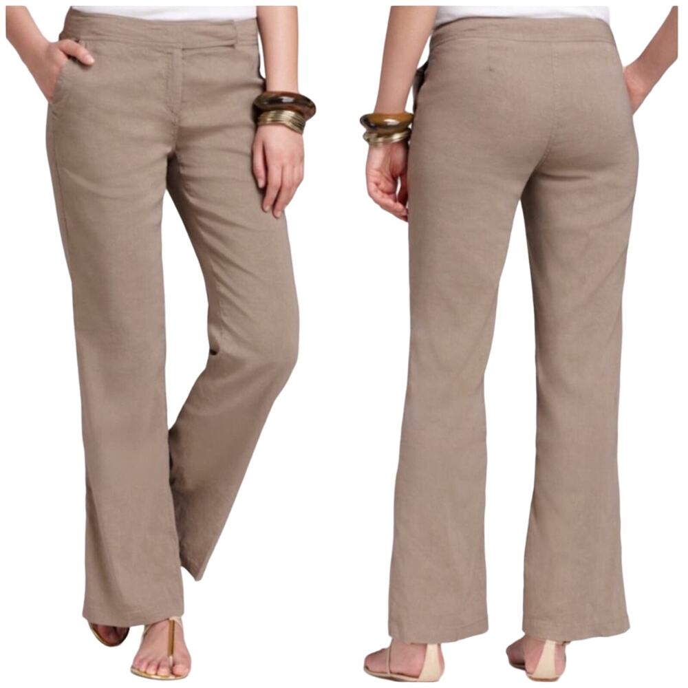 Eileen Fisher Linen Blend Straight Pant Tan Size 12 Slide Clasp Closure Mid Rise